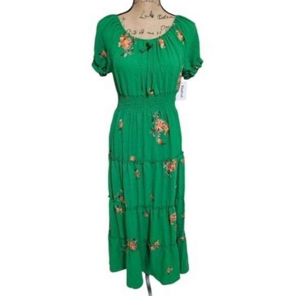 Anthropologie x Kindred Green and Orange Embroidered Floral‎ Tiered Dress Petite